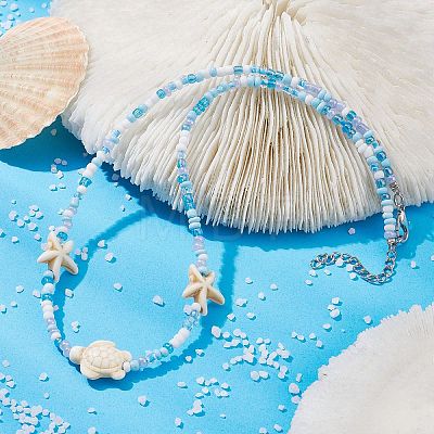 Synthetic Turquoise Starfish & Turtle & Seed Beaded Necklace for Women NJEW-JN04482-02-1