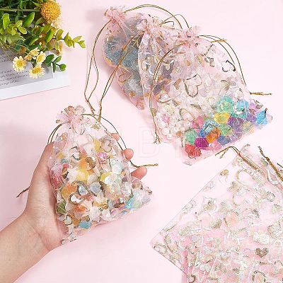 100Pcs Gold Stamping Heart Organza Gift Bags OP-PH0001-37B-1