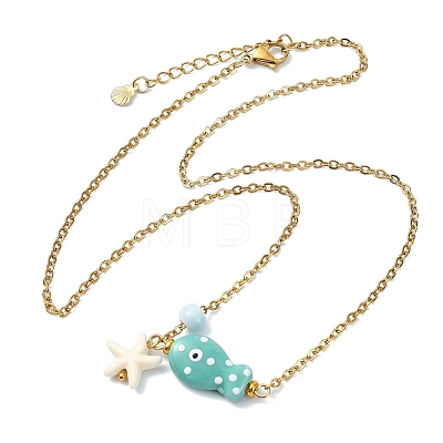 Ocean Synthetic Turquois Starfish & Handmade Porcelain Fish Pendant 304 Stainless Steel Cable Chain Necklaces NJEW-JN06139-1