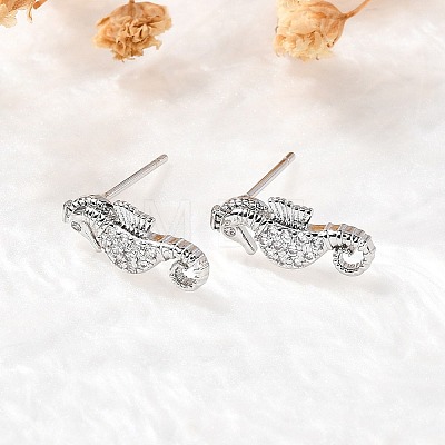 Sea Horse Brass Micro Pave Cubic Zirconia Ear Studs EJEW-D304-38P-1