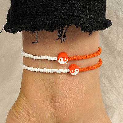 2Pcs Yin-yang Polymer Clay Glass Seed Beaded Stretch Anklet Sets for Women FS-WG3863F-05-1