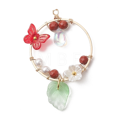 Faceted Round Natural Mixed Stone & Glass Butterfly & Plastic Flower Pendants PALLOY-JF05043-1