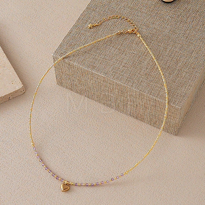 Stainless Steel Heart Pendant Faceted Round Natural Amethyst with Miyuki Beaded Necklaces UF0843-9-1