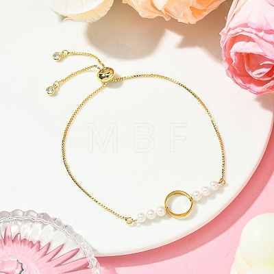 Round Shell Pearl & Brass Ring Box Chain Slider Bracelets for Women BJEW-JB10746-1