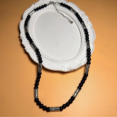 Vintage Frosted 6MM Natural Black Onyx(Dyed & Heated) Round Beaded Necklaces with Alloy Tube for Men KE3601-1