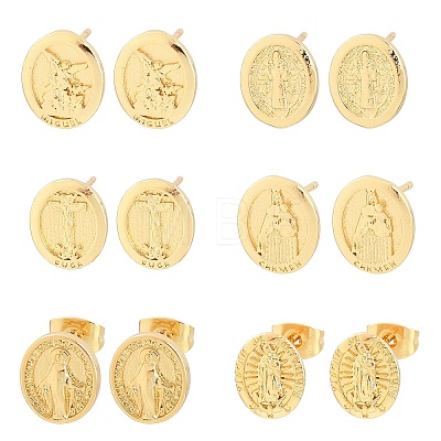 Religion Brass Stud Earrings EJEW-F405-23G-1