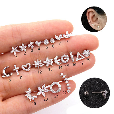 316L Surgical Stainless Steel Micro Pave Clear Cubic Zirconia Flower Cartilage Earrings WG9CD6D-22-1