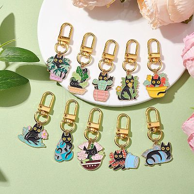 10Pcs 10 Styles Plant with Cat Alloy Enamel Pendant Decorations HJEW-JM01944-1