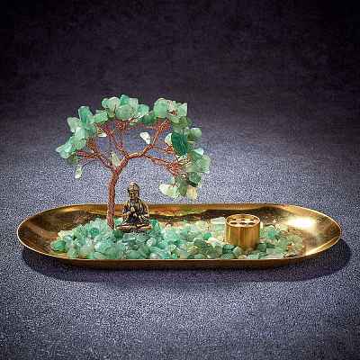 Natural Green Aventurine Chips with Brass Incense Burner Holder DJEW-G027-19RG-04-1