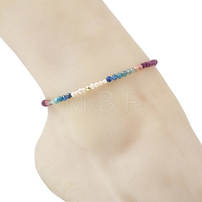 Natural Pearl Potato & Faceted Round Natural Ruby & Apatite & Kyanite & Rhodonite & Amethyst Beaded Anklets AJEW-AN00838-1