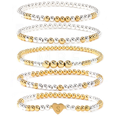 5Pcs Brass Beads Stretch Bracelets for Women CW0227-6-1