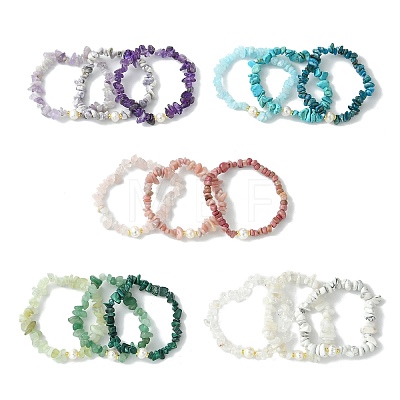3Pcs 3 Styles Natural & Synthetic Mixed Gemstone Chip & Natural Cultured Freshwater Pearl Beaded Stretch Bracelets Set for Women BJEW-JB13762-1