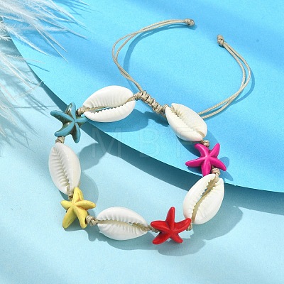 Natural Shell & Starfish Synthetic Turquoise Braided Bead Bracelet BJEW-TA00355-1