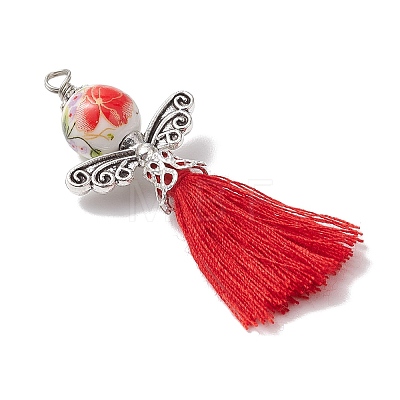 Porcelain Beaded with Polycotton Tassel Big Pendants PALLOY-JF02986-01-1