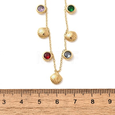 304 Stainless Steel Colorful Cubic Zirconia Flat Round & Shell Shaped Bib Necklaces for Women NJEW-U031-08G-01-1