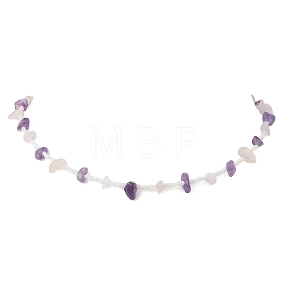 Natural Amethyst & Rose Quartz Chip & Glass Seed Baeded Necklaces for Women NJEW-JN05603-03-1