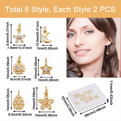 12Pcs 6 Style Brass Micro Pave Cubic Zirconia Charms ZIRC-PJ0001-03-1