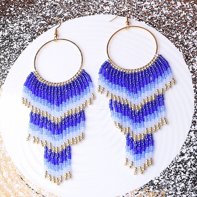 Alloy Glass Seed Beads Ring Tassel Dangle Earrings FS-WG48D5F-04-1