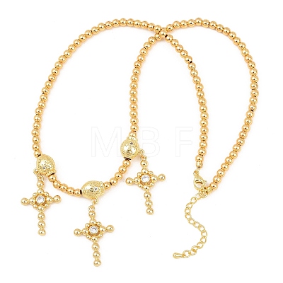 Brass Micro Pave Clear Cubic Zirconia Cross Pendant Round Beaded Bib Necklaces for Women NJEW-F364-04G-1