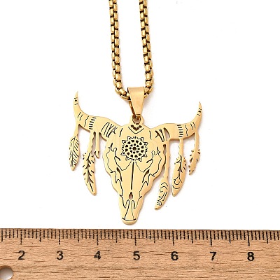 Punk Style 304 Stainless Steel Laser Cut Cattle Head Pendant Box Chain Necklaces for Women Men NJEW-E156-04G-1