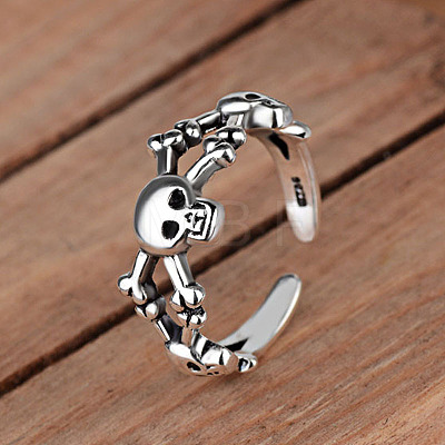 Thailand Sterling Silver Skull Spider Open Cuff Finger Ring SKUL-PW0002-042S-1