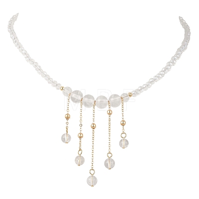 Round Natural Quartz Crystal & Glass Graduated Beaded Tassel Necklaces with Brass Cable Chains for Women NJEW-TA00236-1
