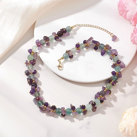 Round Natural Colorful Fluorite & Dyed Quartz & Natural Amethyst Chip Beaded Necklaces for Women NJEW-JN05813-1