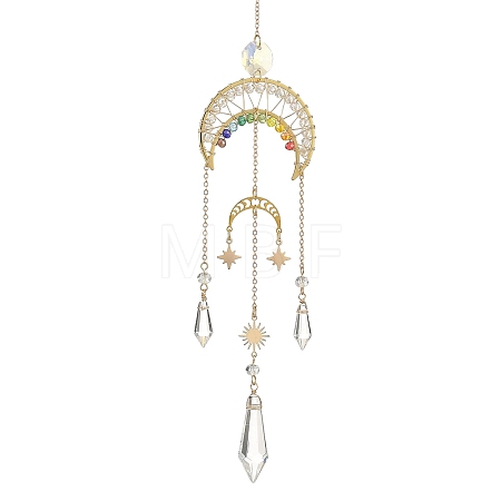 Star Moon Brass & Rainbow Chakra Glass Beads Suncatchers HJEW-TA00502-1