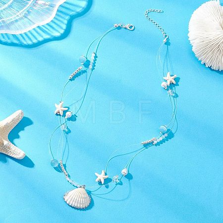 Electroplate Natural Shell Pendant Clear Nylon String 3-Strand Necklaces NJEW-TA00221-1