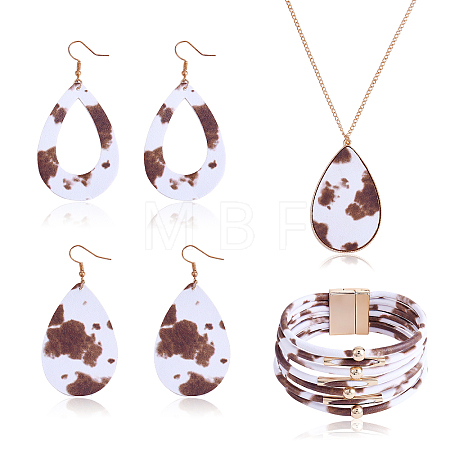 Cow Print Imitation Leather Teardrop Pendant Necklace & Dangle Earrings & Multi-Strand Bracelet JX529J-1