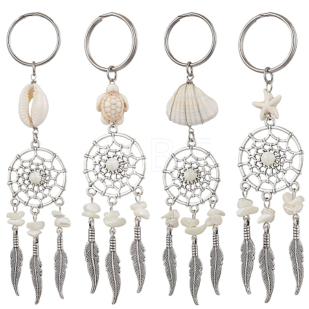 2 Sets Tibetan Style Alloy with Natural Shell & Synthetic Turquoise Keychains KEYC-SP0001-33-1