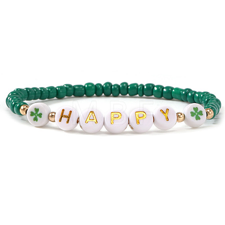 Word Happy & Flat Round with Heart Resin & Acrylic Beads Stretch Bracelets for Women BK9964-23-1