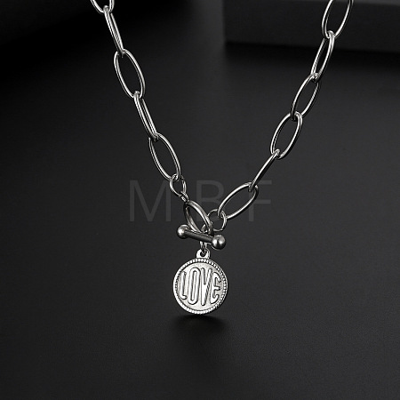 304 Stainless Steel Love Disc Coin Pendant Necklaces with OT Clasps for Women Men WG7163D-01-1