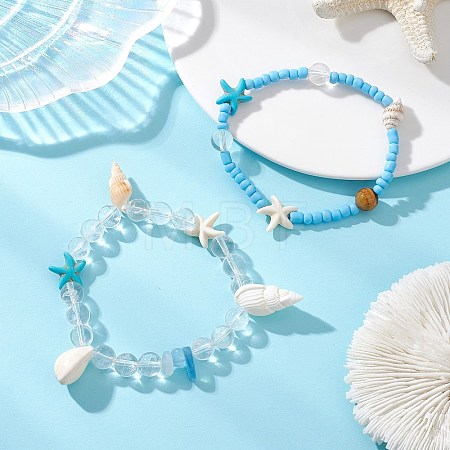 2Pcs Glass Seed and Natural Sea Shell & Aquamarine Stretch & Synthetical Turquoise Beads Bracelets for Women BJEW-TA00708-1