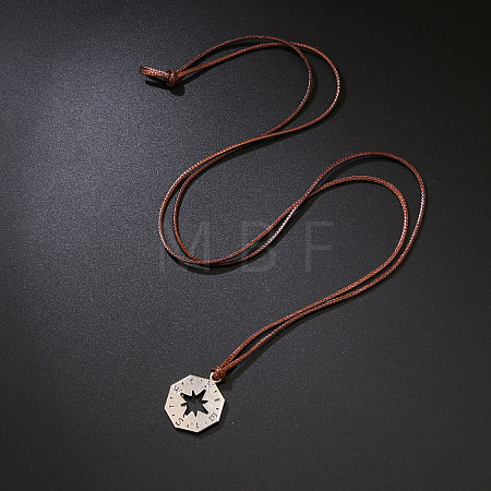 Adjustable Alloy Cut Out Octagonal Compass Pendant Waxed Cord Necklaces for Men WG02E74-01-1