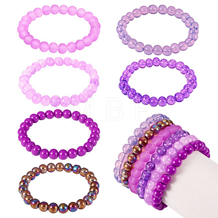 6Pcs 6 Styles 8mm Glass Round Beaded Stretch Bracelet Sets BJEW-TAC0022-1
