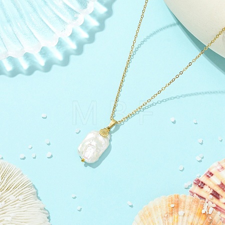 Natural Baroque Keshi Pearl Rectangle Pendant 304 Stainless Steel Cable Chain Necklaces for Women NJEW-JN06115-1