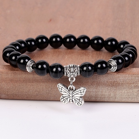 8MM Round Natural Obsidian Beaded Stretch Bracelets with Alloy Butterfly Charms FQ7211-13-1