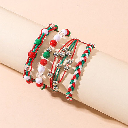 4Pcs 4 Styles Christmas Acrylic Beads Braided Bead Bracelets & Stretch Bracelets & Cotton Cord Braided Bracelets FS-WG84904-01-1