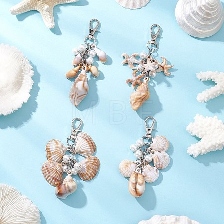 4Pcs 4 Styles Acrylic Starfish Conch Shell & Glass Pearl Pendant Decoration HJEW-JM03877-1