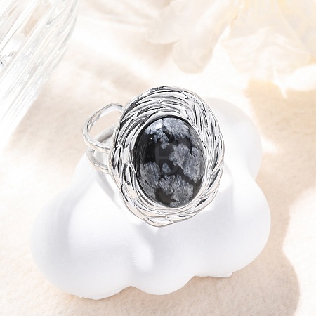 Oval Natural Snowflake Obsidian Finger Rings RJEW-M063-01P-17-1