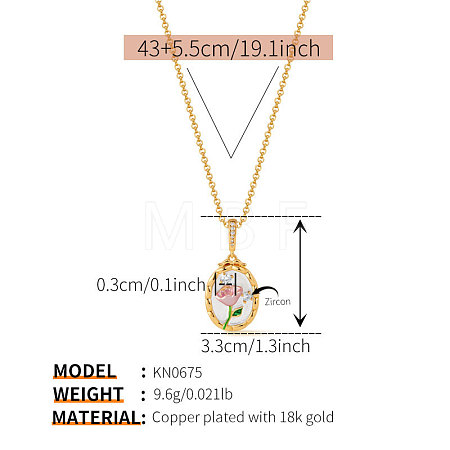 Vintage Brass Pave Clear Cubic Zirconia Enamel Oval with Flower Pendant Necklaces for Women WGF0AA9-02-1