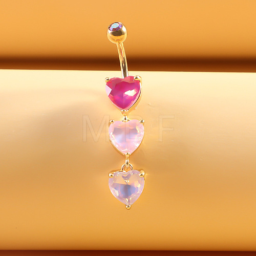 316L Surgical Stainless Steel Hot Pink Cubic Zirconia Heart Curved Barbell Dangle Belly Rings WG4CABC-07-1