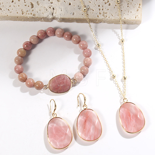 Oval Alloy & Natural Rhodonite & Synthetic Cherry Quartz Glass Pendant Necklaces & Beaded Bracelets & Dangle Earrings Sets WGD3DFC-05-1