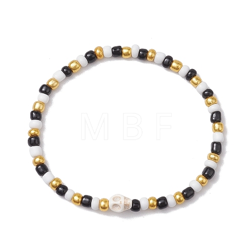 Halloween Skull Synthetic Magnesite & Glass Seed Beaded Stretch Bracelets Women BJEW-JB10525-02-1