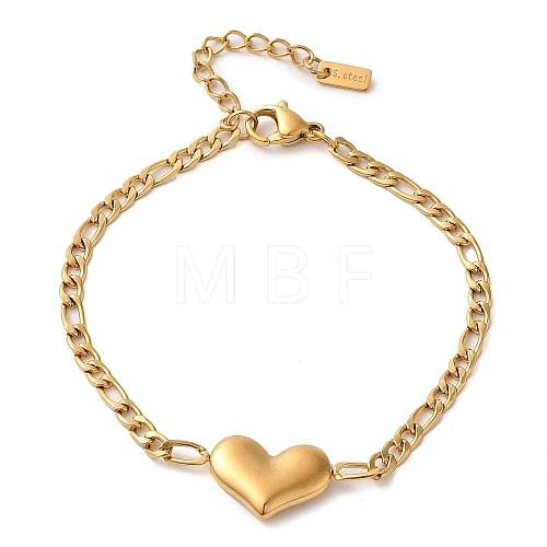 304 Stainless Steel Figaro Chain Heart Link Bracelets for Women BJEW-K237-10G-1