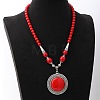 Vintage Alloy with Dyed Synthetic Turquoise Bohemian Flat Round Pendant Round Beaded Necklaces for Women DH5504-3-1