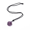Natural Amethyst Flat Round with Flower of Life Pendant Necklace with Nylon Cord for Women NJEW-P274-02-02-2