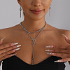 Alloy Glass Black Square Pendant Double Layer OT Lariat Necklaces with Plastic Beads for Women WG26488-01-3