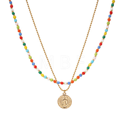Boho Colorful Glass Seed Beaded Double Layer Necklaces with Stainless Steel Religion Saint Benedict Medal Pendant OL9548-1-1